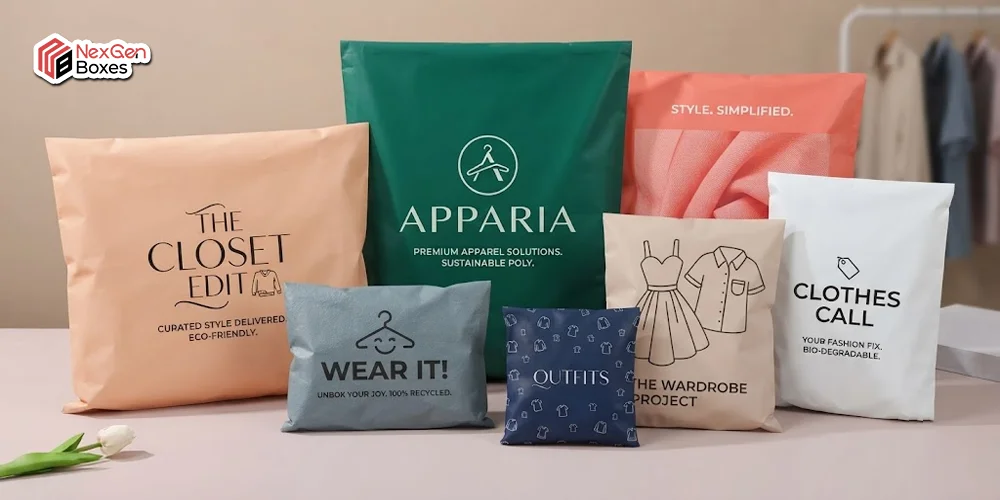Apparel shipping bags in multiple sizes for clothing, fashion, and garment packaging with custom printed branding