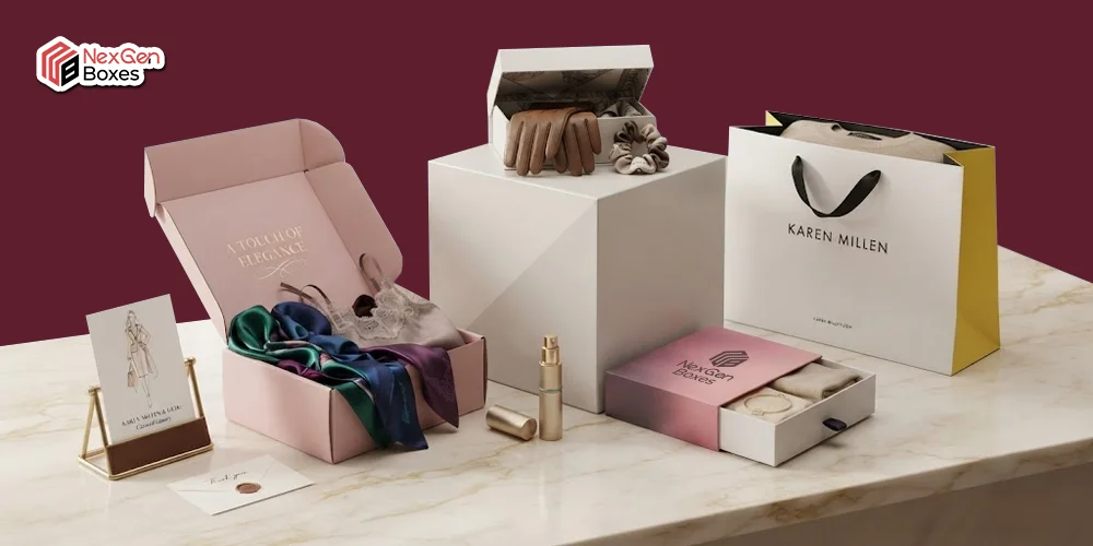 Custom apparel packaging boxes including luxury gift boxes, rigid boxes, drawer boxes, and shopping bags for clothing and fashion products