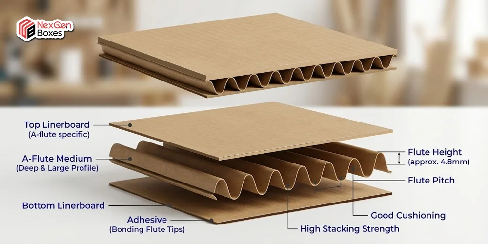 A flute corrugated cardboard structure showing top and bottom linerboards, fluted medium, flute height, pitch, and cushioning for packaging boxes