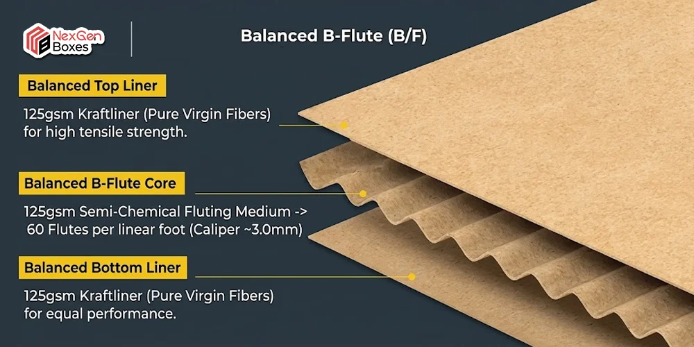 B flute corrugated cardboard structure showing top liner, B flute core, bottom liner, and balanced corrugated board for durable packaging boxes