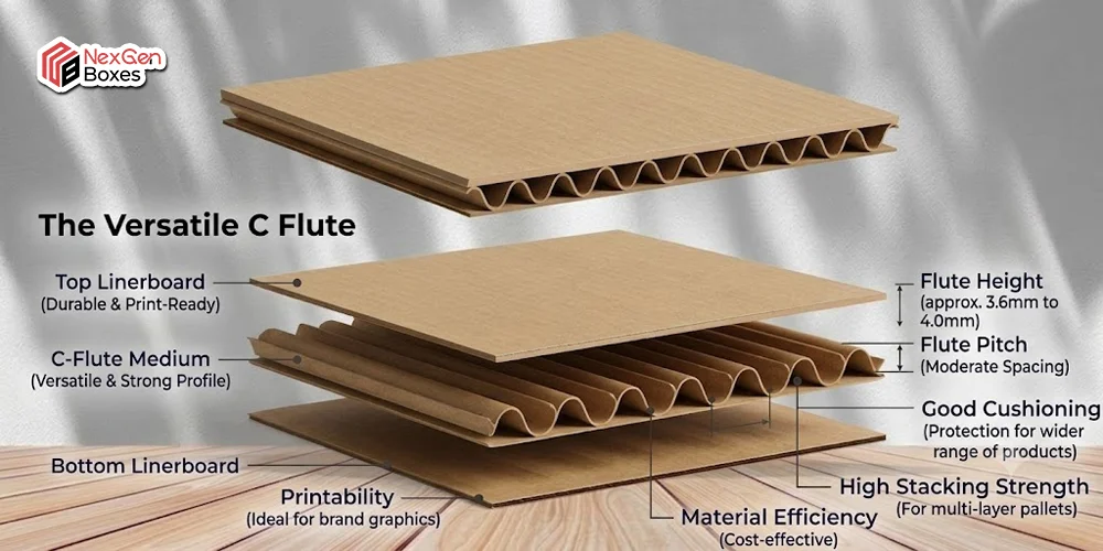 C flute corrugated cardboard structure showing top linerboard, fluted medium, bottom linerboard, flute height, and cushioning for custom packaging boxes