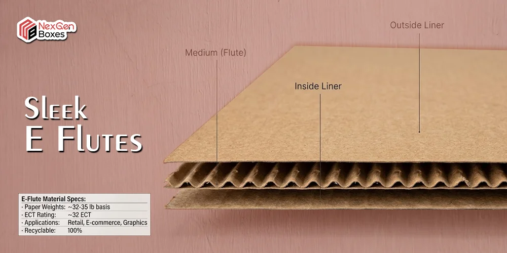 E flute corrugated cardboard structure showing outside liner, inside liner, and fluted medium used for custom packaging boxes