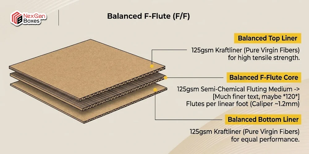 F flute corrugated cardboard structure showing top liner, F flute core, bottom liner, and ultra thin corrugated board for premium packaging