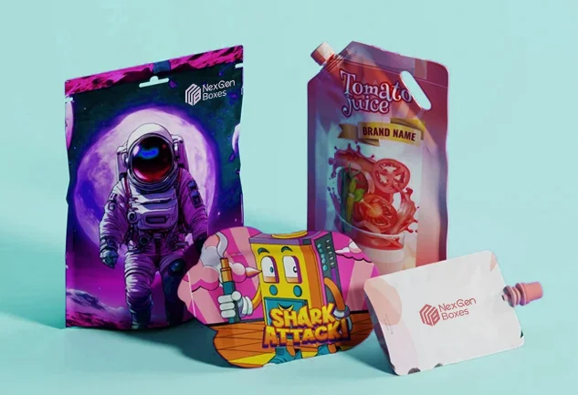 Custom printed spout pouches and stand up mylar bags with vibrant custom packaging designs by NexGen Boxes