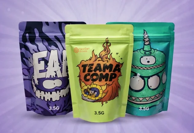 Custom stand up mylar bags for 3.5g products with full color printing, resealable zipper, and premium packaging