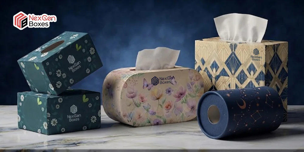 Custom tissue box design options including rectangular, cube, oval, and cylindrical tissue box packaging