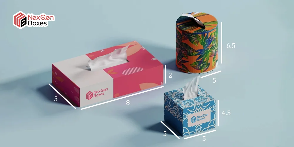 Standard tissue box dimensions by shape showing rectangular, cube, and cylindrical tissue box sizes