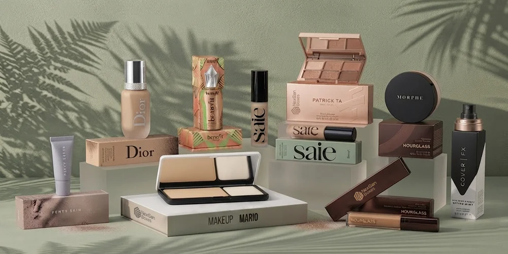 Top cosmetic packaging design ideas featuring custom makeup boxes for foundation, lipstick, eyeshadow, powder, and skincare products